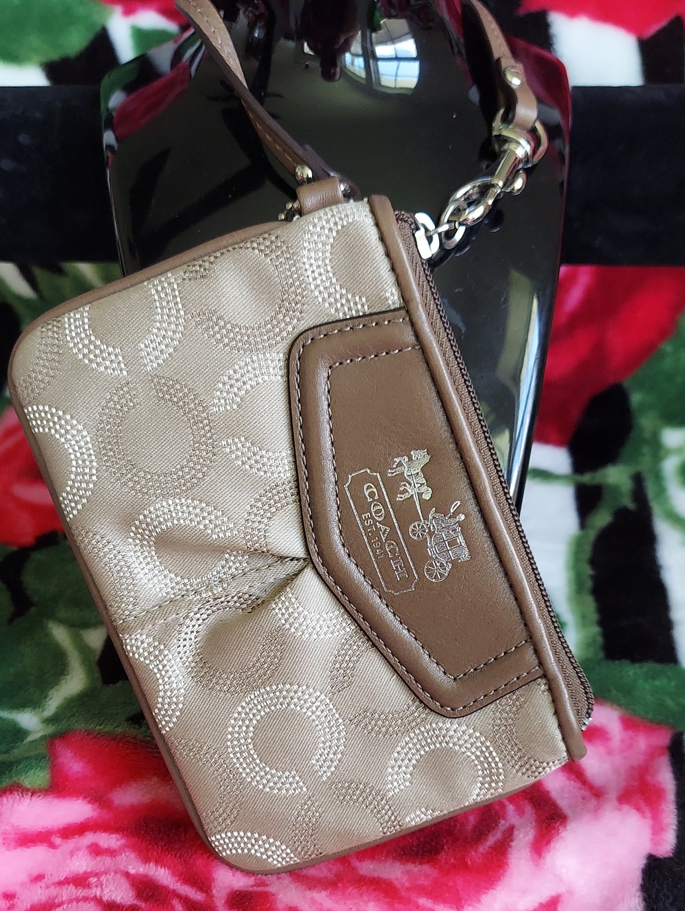 Coach Khaki Brown Signature Canvas Wristlet with Leather Trim